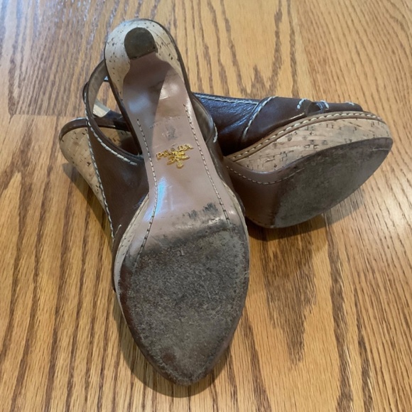Prada Brown Leather Cork Wedge Sandals Size 36.5 (6 1/2) - Slingback Peep Toe - Picture 12 of 16